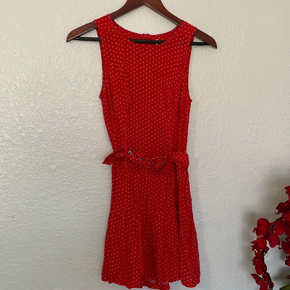 Free People Red Tan Micro Floral Sleeveless Belted Dress 0